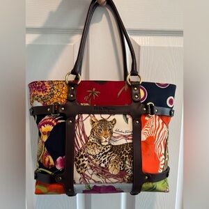 Ferragamo Colorful Multi Print Nylon and Leather Tote Bag
